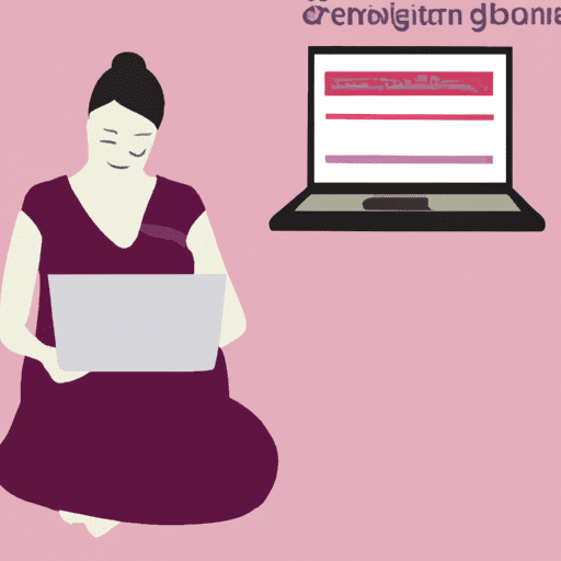איור של אישה בהריון שלווה גולשת באתר דולה במחשב הנייד שלה