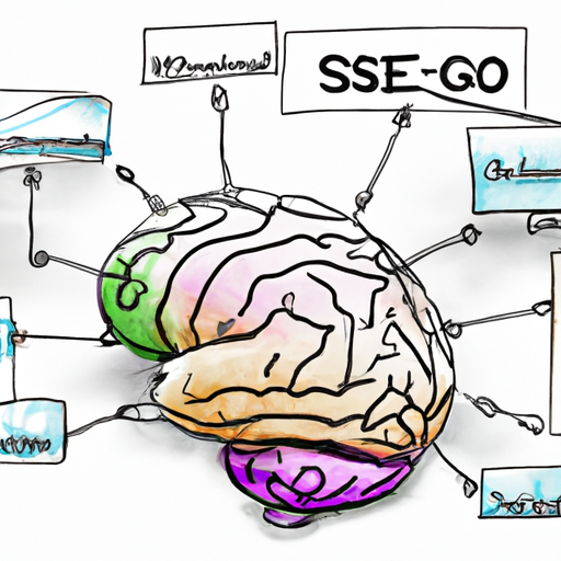 תמונה המציגה מוח עם אלמנטים שונים של SEO כגון מילות מפתח, קישורים נכנסים ואלגוריתמים