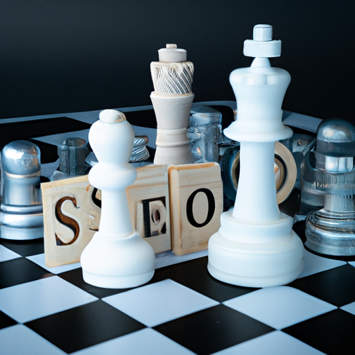לוח שחמט עם פריטים הקשורים לקידום אתרים ככלי שחמט, המייצגים חשיבה אסטרטגית בקידום אתרים