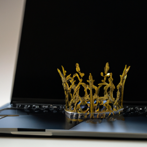 כתר מלך המונח על מחשב נייד, המסמל את החשיבות של תוכן איכותי